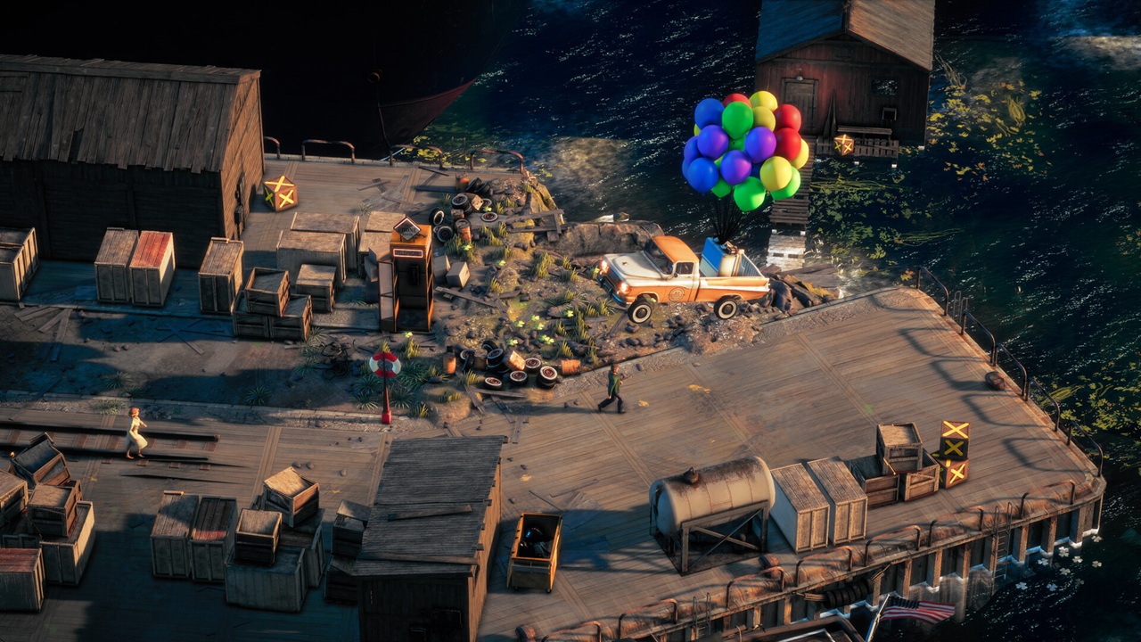 Visuale dall'alto di un pickup che atterra sulla strada mentre trasporta dozzine di palloncini