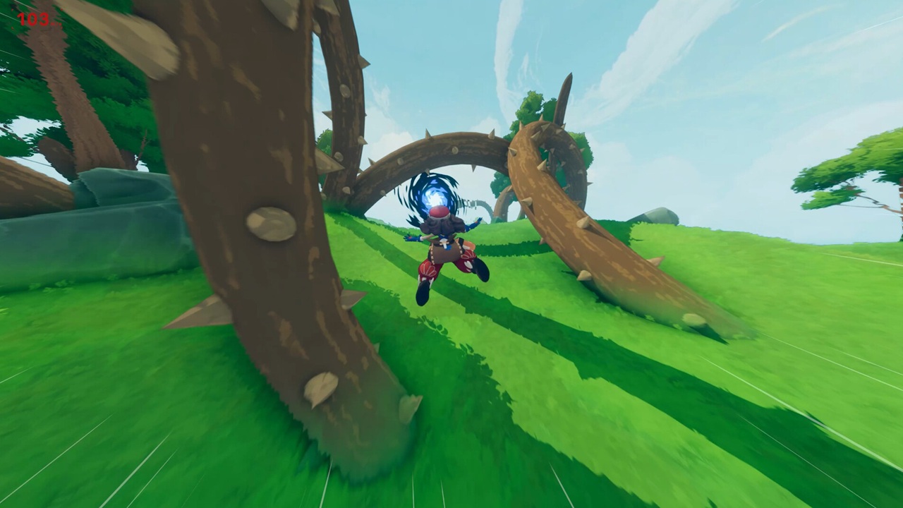 Ragazza in volo tra rovi giganti in Haste Broken Worlds