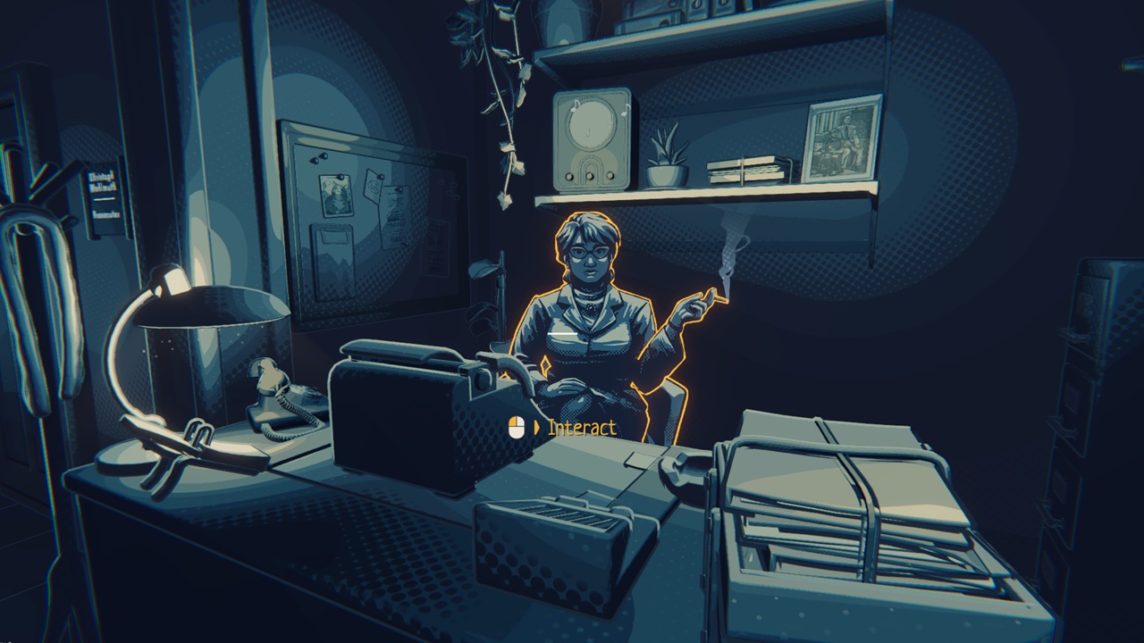 Visuale in prima persona dell'interazione con una segretaria, in un mondo fumettistico in The Darkest Files