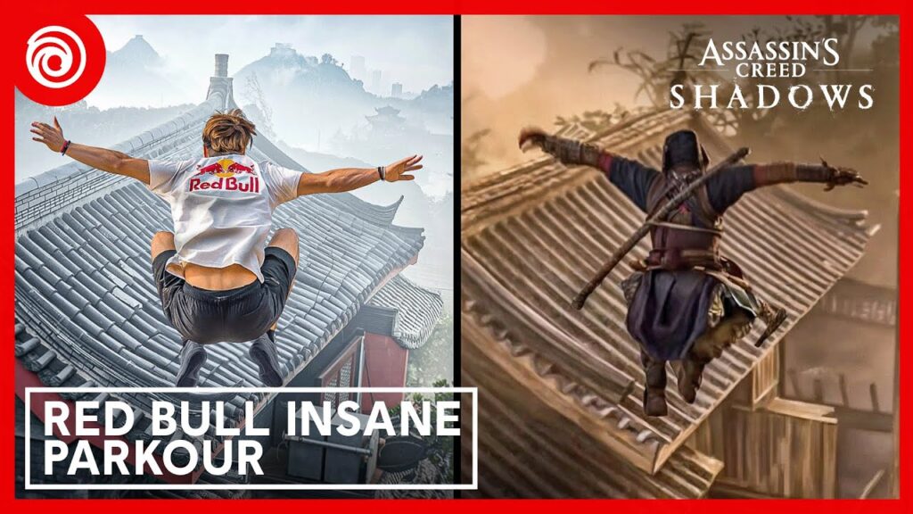 Un ragazzo mentre salta con al fianco Naoe di Assassin's Creed Shadows