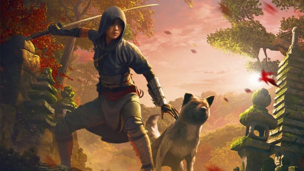 Naoe di Assassin's Creed Shadows con al fianco un cane