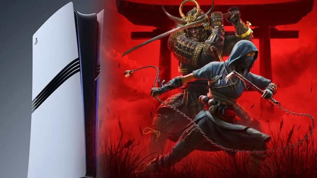 Una PS5 Pro con al fianco Yasuke e Naoe di Assassin's Creed Shadows
