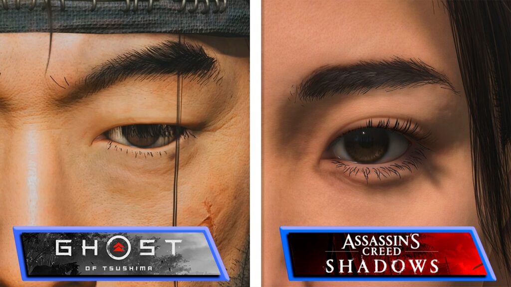L'occhio di Jin Sakai di Ghost of Tsushima con al fianco l'occhio di Naoe di Assassin's Creed Shadows