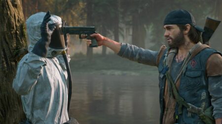 Deacon di Days Gone Remastered mentre punta una pistola in testa ad uno scienziato