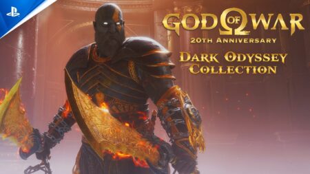 Kratos di God of War Ragnarok con la skin del Dark Odyssey Collection
