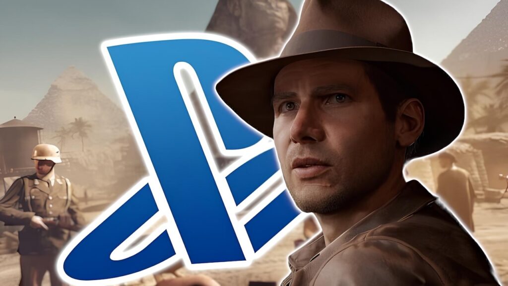 Indy di Indiana Jones e l'Antico Cerchio con dietro il logo di PlayStation