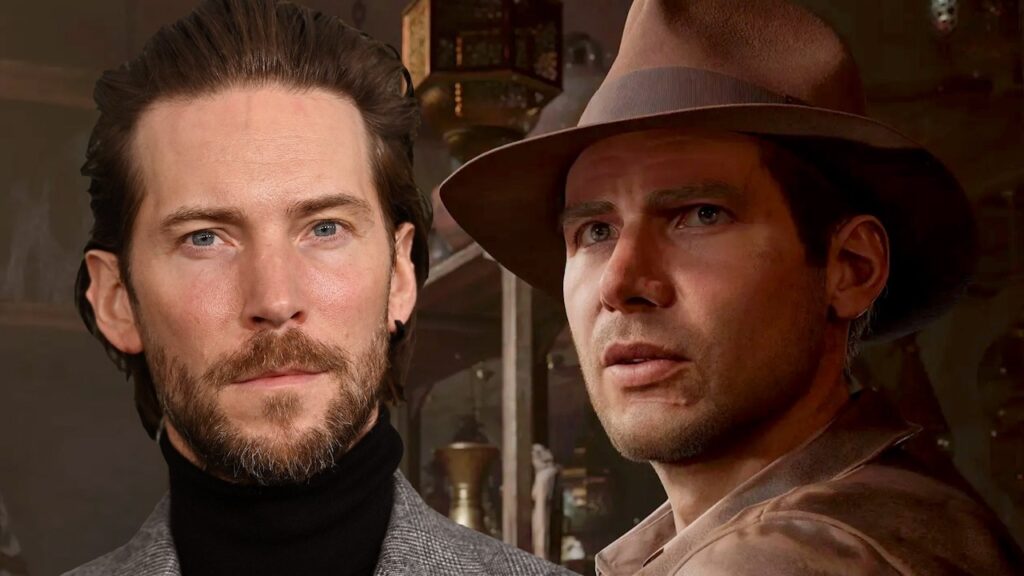 Troy Baker con al fianco Indy di Indiana Jones e l'Antico Cerchio