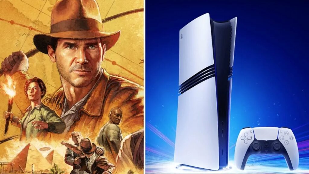 Indy di Indiana Jones e l'Antico Cerchio con al fianco una PS5 Pro