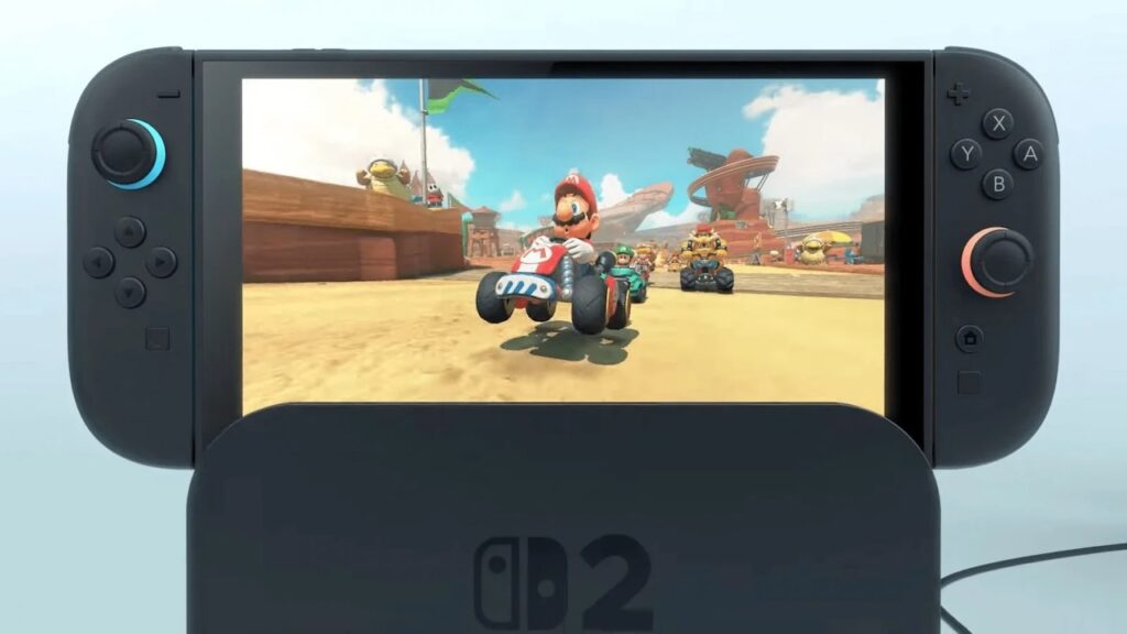 Un Nintendo Switch 2 nella dock con Super Mario che salta