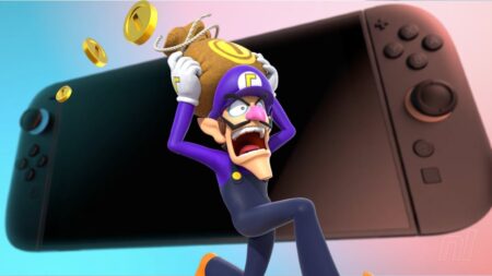 Nintendo Switch 2 con Waluigi che scappa con una borsa piena di monete d'oro