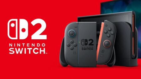 Un Nintendo Switch 2 con lo sfondo rosso