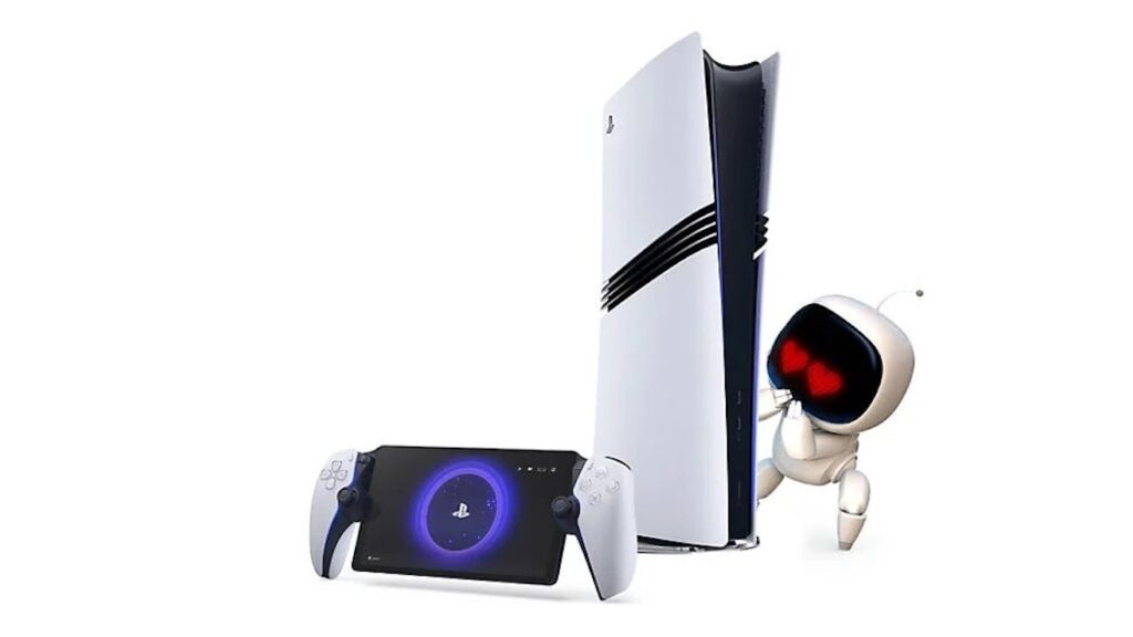 Una PS5 Pro con al fianco una PlayStation Portal ed il protagonista di Astro Bot con gli occhi a cuoricino