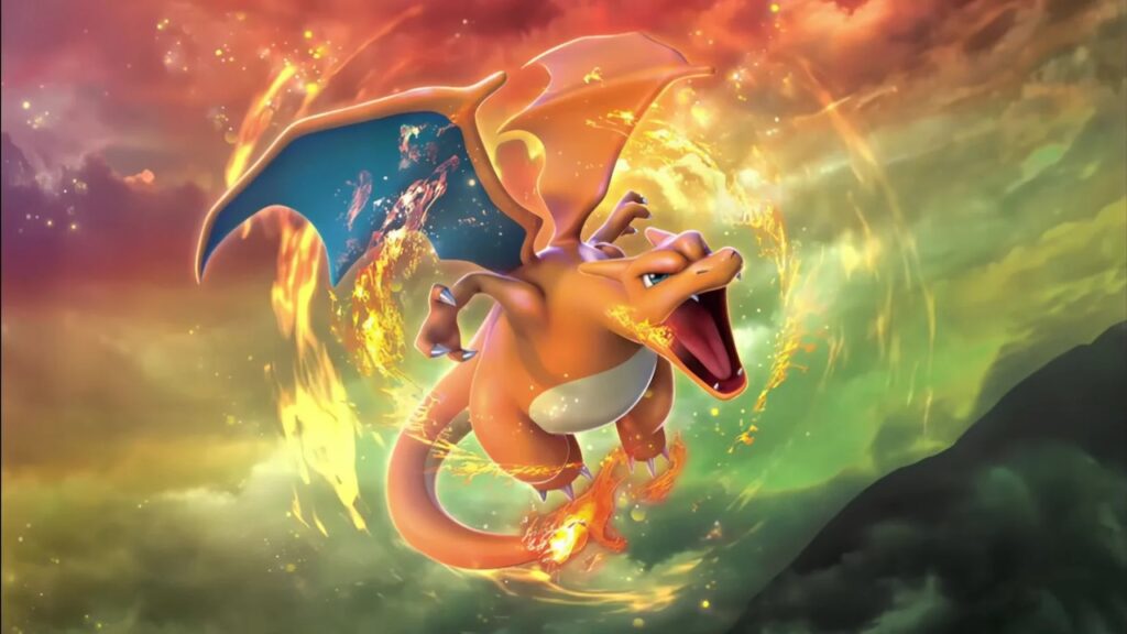 Un Charizard di Pokémon mentre sferra un potente attacco di fuoco