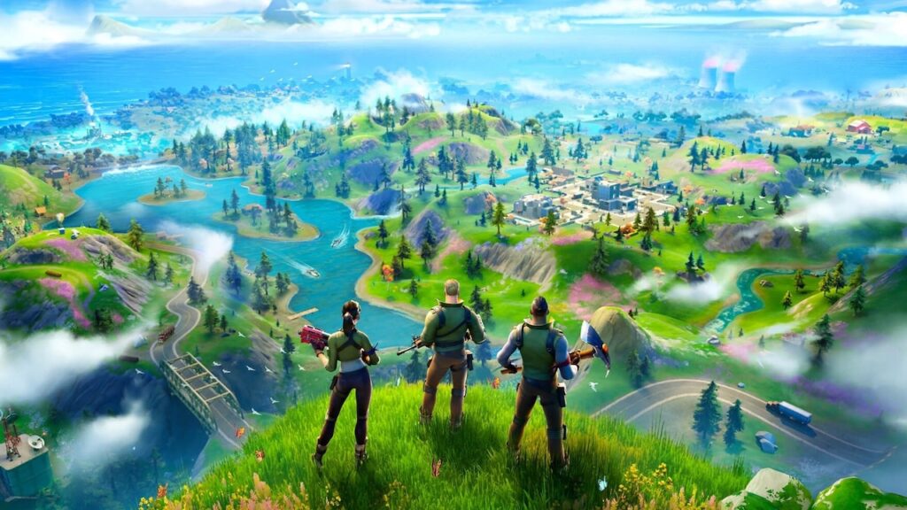 Tre personaggi di Fortnite su una collina