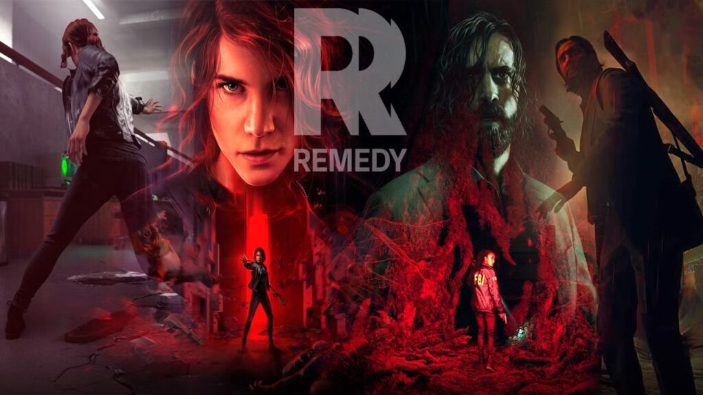 Il logo di Remedy Entertainment con dietro i personaggi di Control ed Alan Wake 2