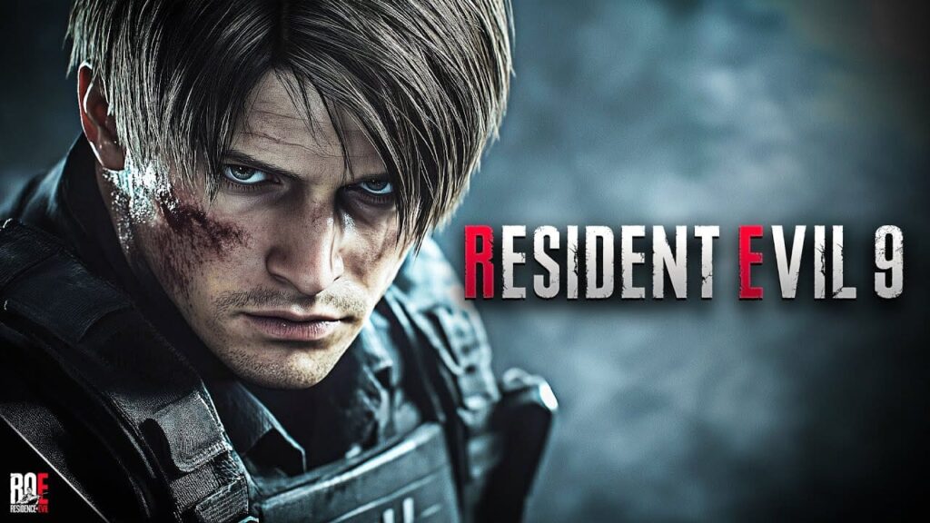 Leon Kennedy con al fianco il logo di Resident Evil 9