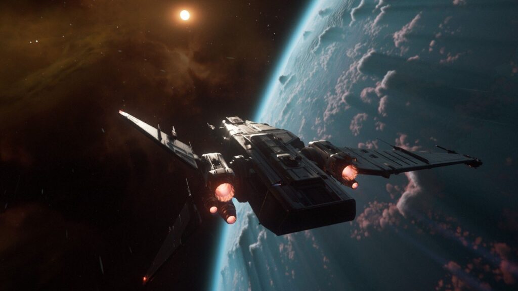 Una nave di Star Citizen 4.0.2 mentre viaggia nello spazio con un pianeta sullo sfondo