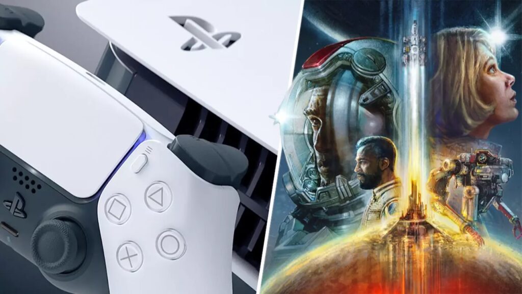 Una PS5 ed un DualSense con al fianco i protagonisti di Starfield