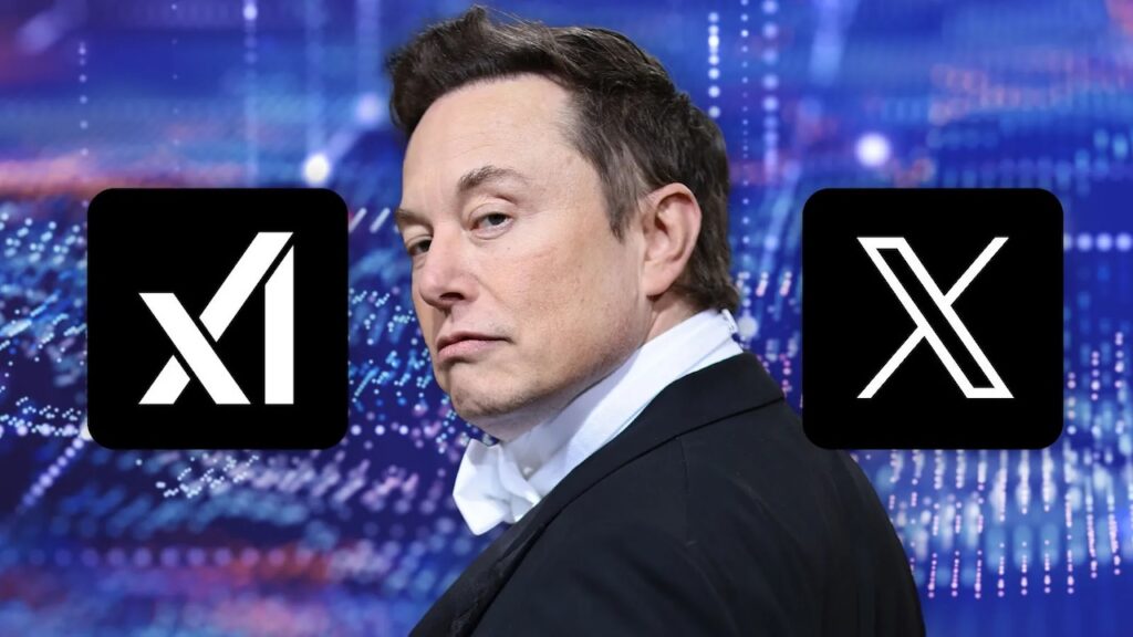 Elon Musk con i loghi di xAI ed X