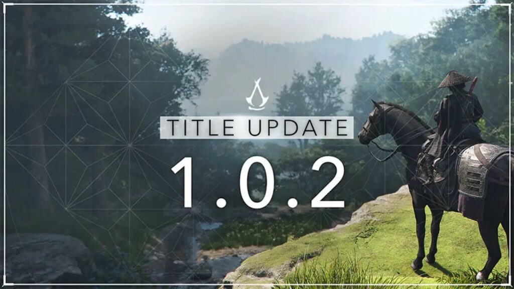 Il logo della patch 1.0.2 di Assassin's Creed Shadows con Naoe a cavallo