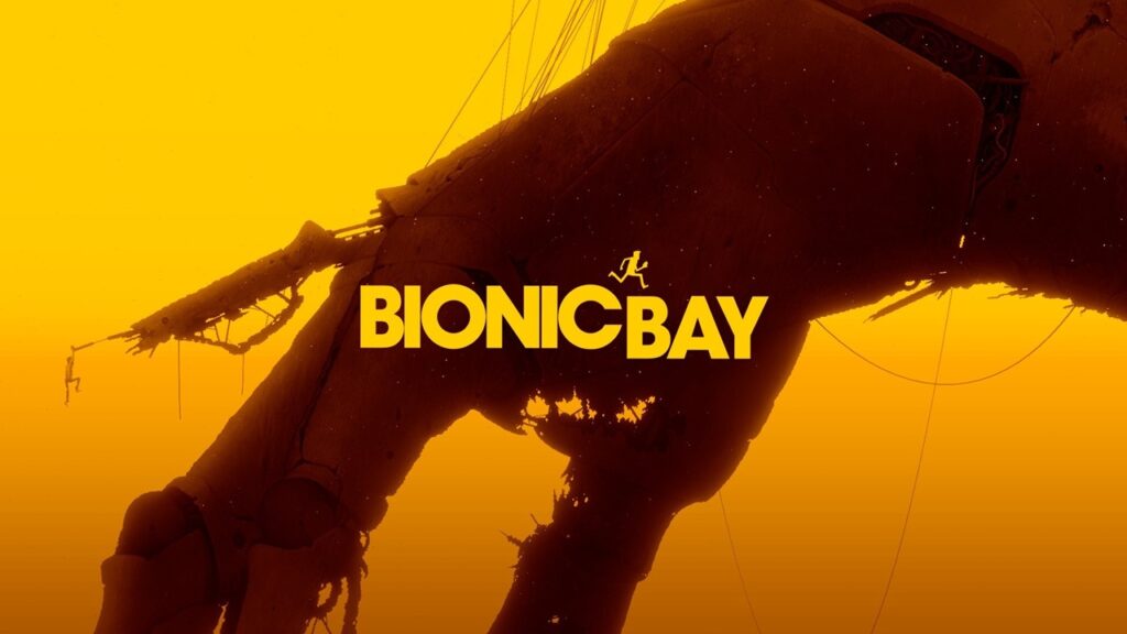 Logo di Bionic Bay con una mano meccanica rovinata sullo sfondo