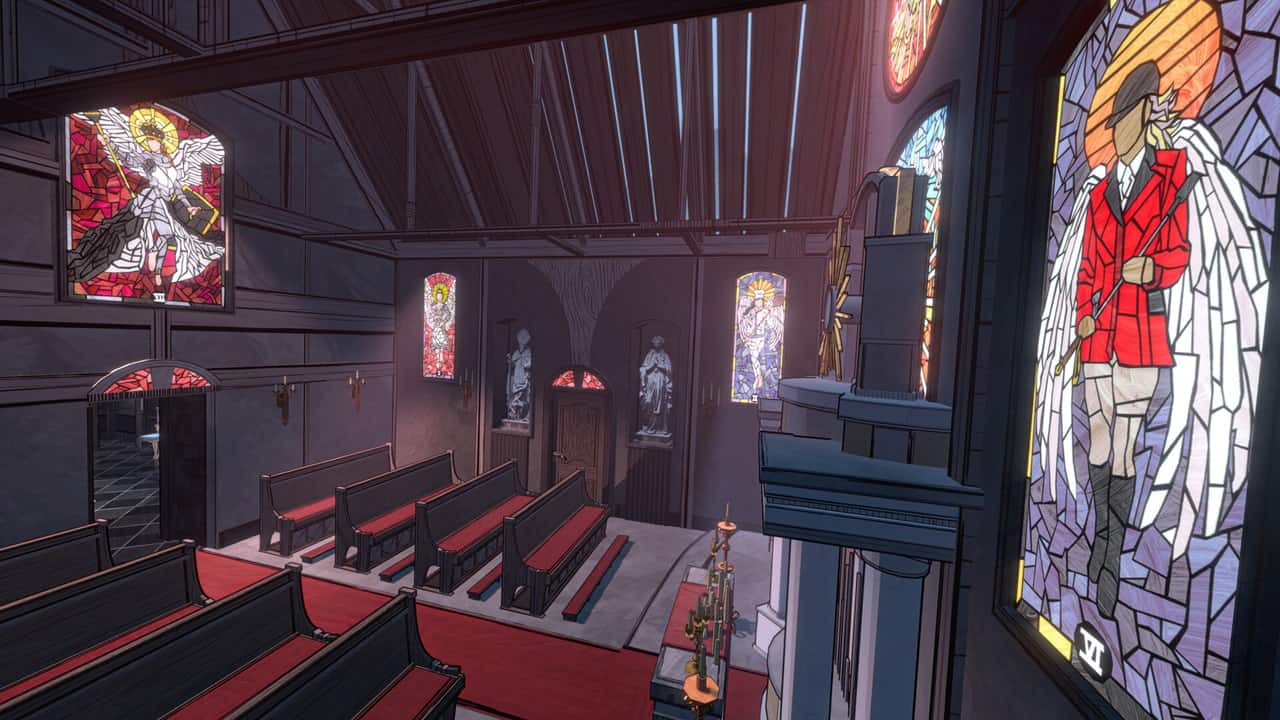 Disegno panoramico degli interni di una cappella, con altare e mosaici