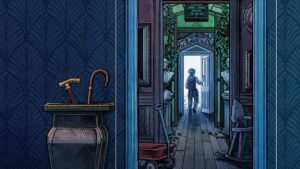 Illustrazione di un bambino che esplora una villa, immagine principale di Blue Prince