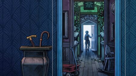 Illustrazione di un bambino che esplora una villa, immagine principale di Blue Prince