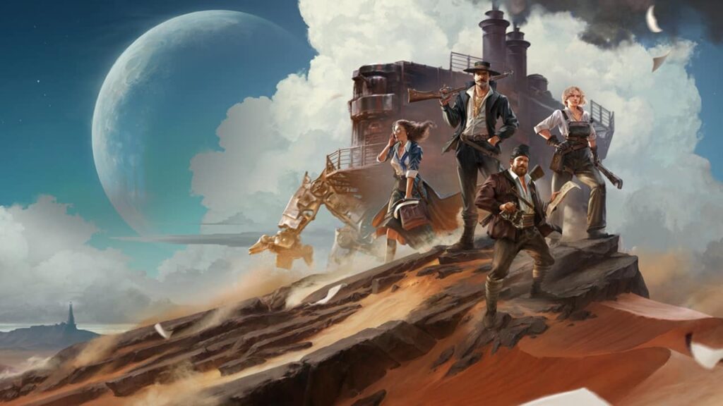 Ritratto di un gruppo di persone in piedi su delle rocce e dune di sabbia, con un grande mech dietro di loro