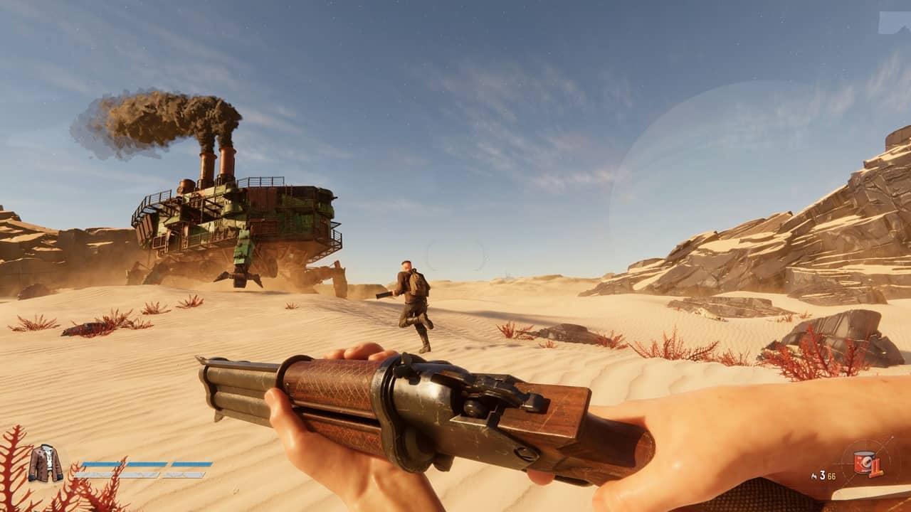 Visuale in prima persona di un uomo con fucile a pompa che corre verso un mech dieselpunk nel deserto