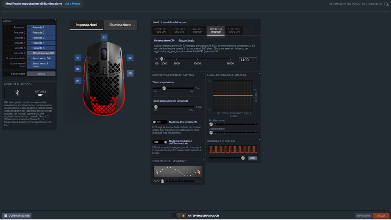 Schermata di gestione del mouse di Steelseries GG