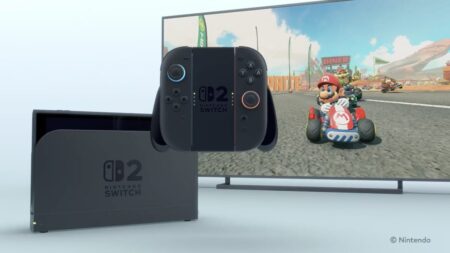Un Nintendo Switch 2 con Mario Kart World nello schermo
