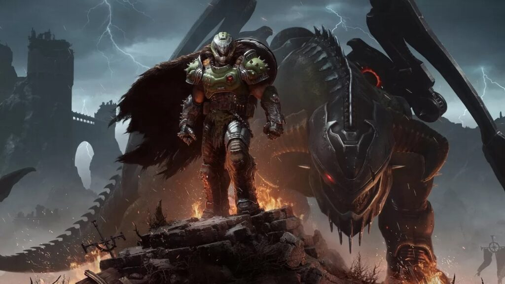 Il DOOM Slayer di DOOM: The Dark Ages con dietro un animale robotico