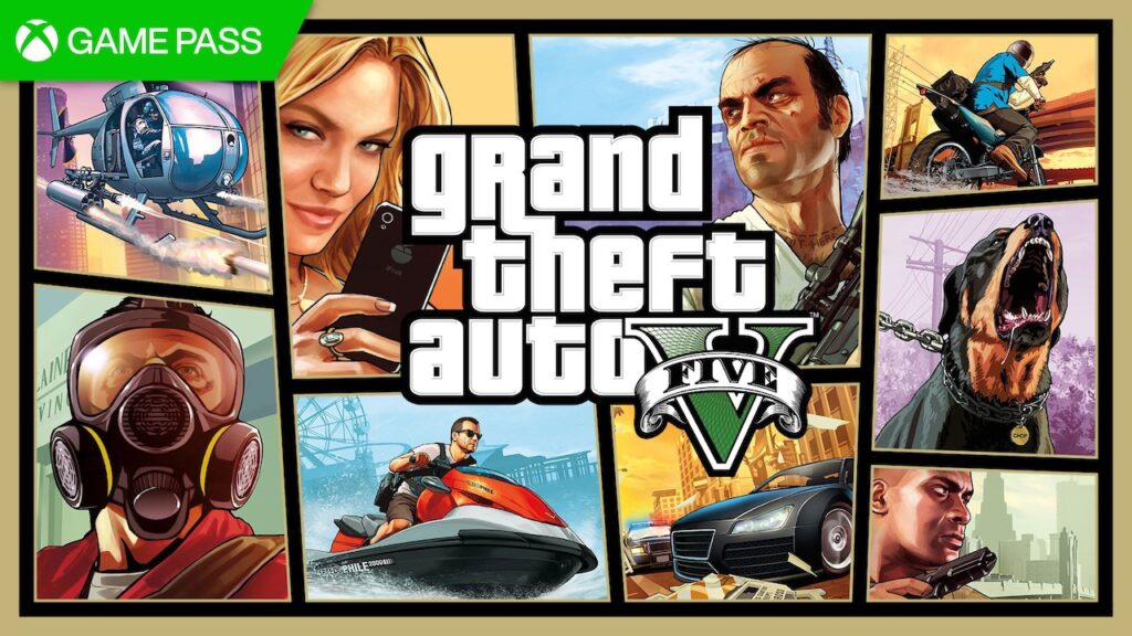 I personaggi di GTA 5 con in alto il logo di Xbox Game Pass
