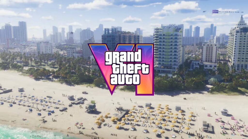 Il logo di GTA 6 con sullo sfondo la spiaggia con tante persone