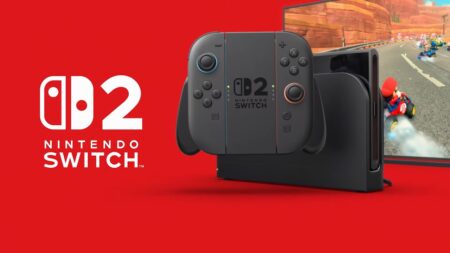 Un Nintendo Switch 2 con lo sfondo rosso