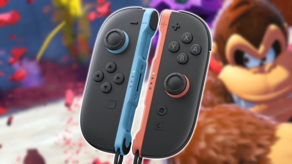 I Joy-Con di Nintendo Switch 2 con dietro Donkey Kong di Bananza