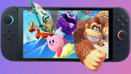 Un Nintendo Switch 2 con dentro lo schermo alcuni personaggi dei giochi