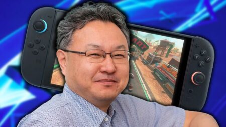 Shuhei Yoshida con dietro un Nintendo Switch 2