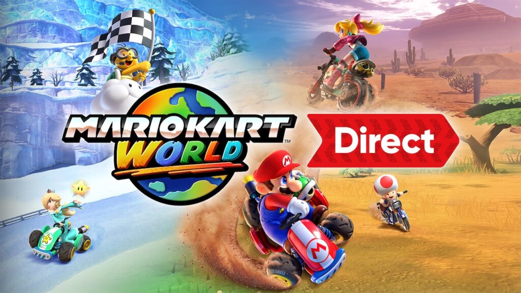 I personaggi di Mario Kart World con il logo del Nintendo Direct