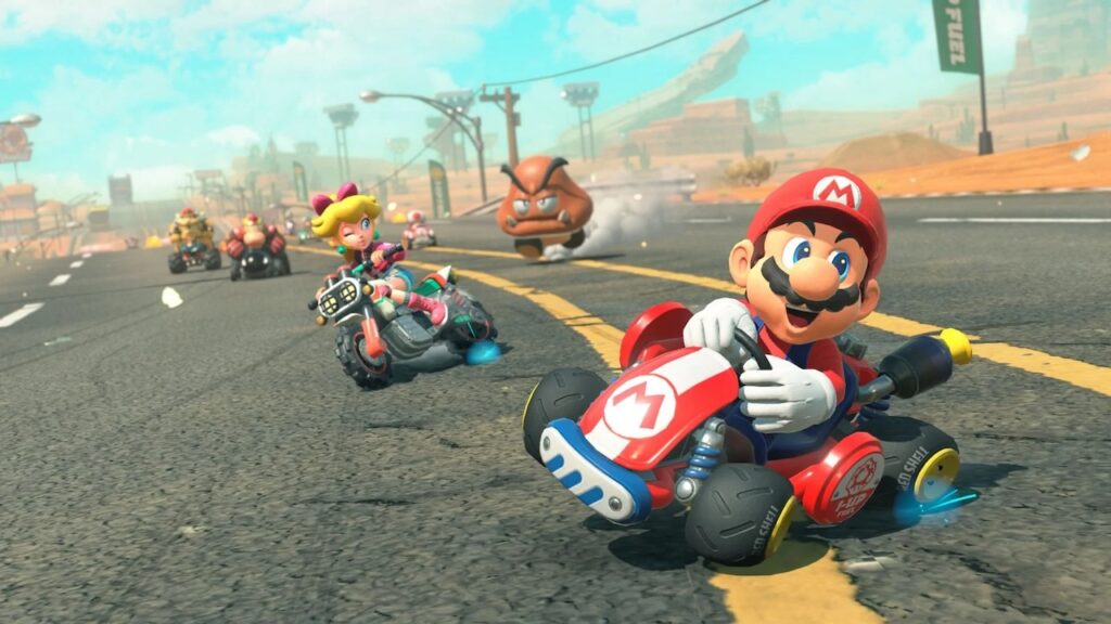 Mario di Mario Kart World in pista