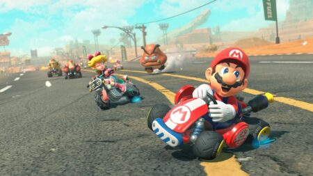 Mario di Mario Kart World in pista