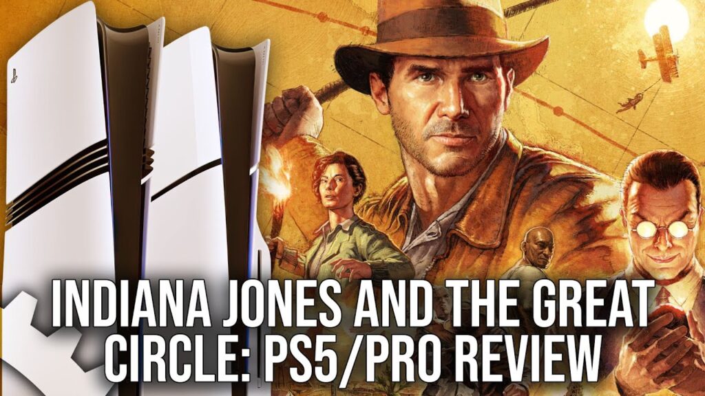 Indy di Indiana Jones e l'Antico Cerchio con al fianco una PS5 Pro e PS5 Slim