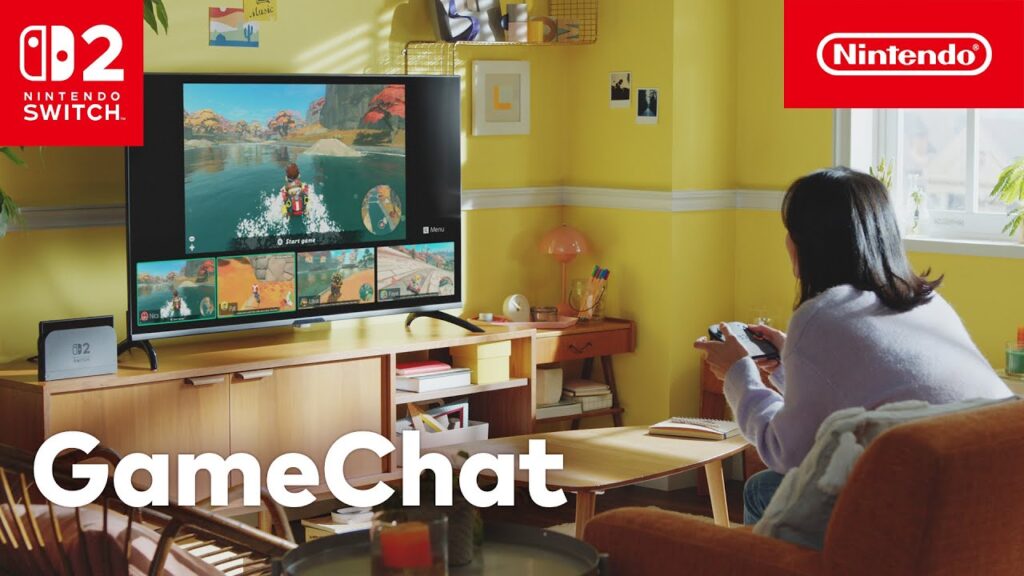 Il logo della GameChat di Nintendo Switch 2 con una ragazza seduta su un divano