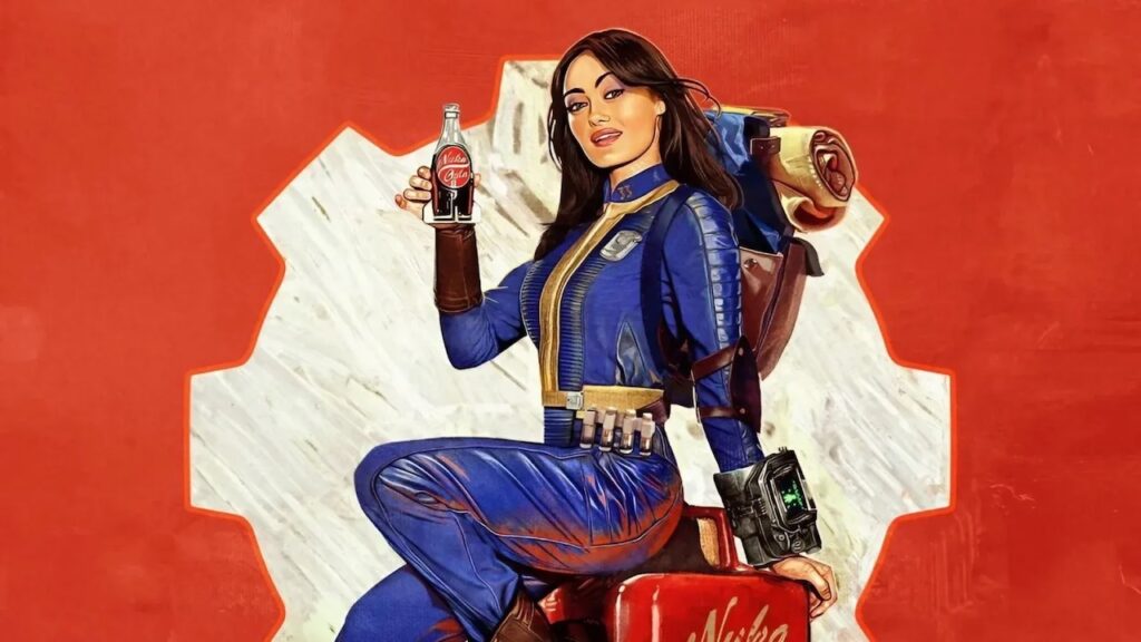 Ella Purnell della serie TV di Fallout con lo sfondo rosso