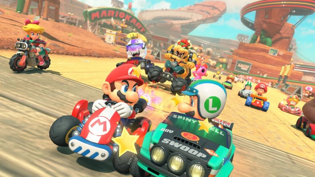 Alcuni personaggi di Mario Kart World in pista