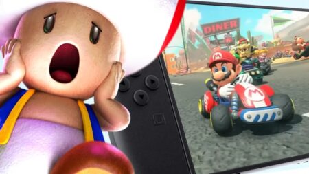 Toad di Mario Kart World mentre si dispera con dietro un Nintendo Switch 2