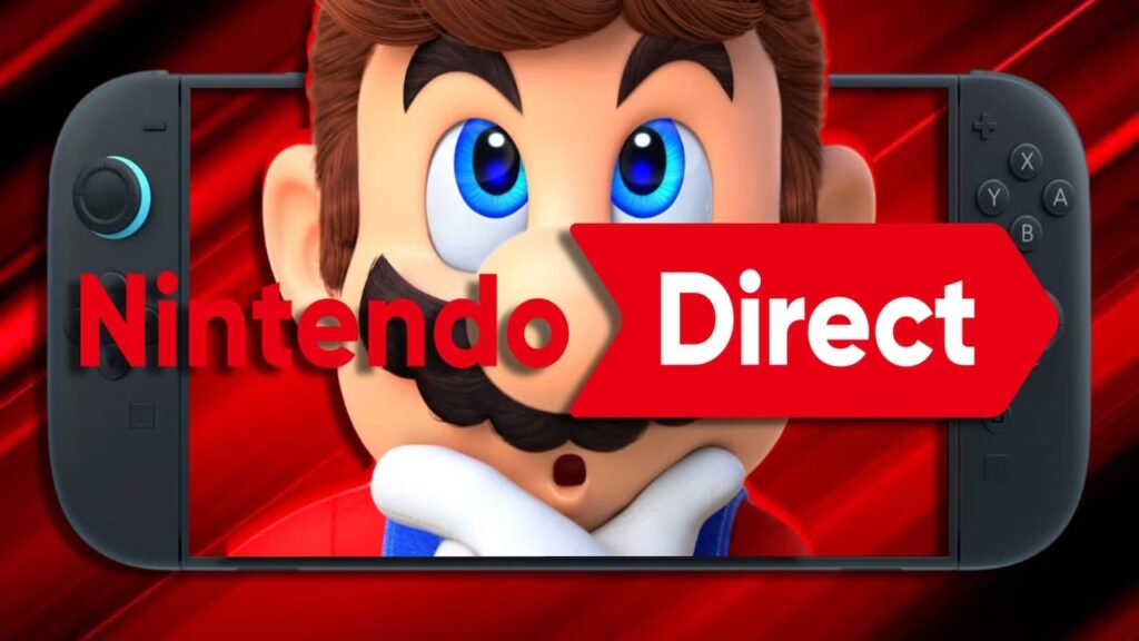 Super Mario con Nintendo Switch 2 ed il logo del Nintendo Direct