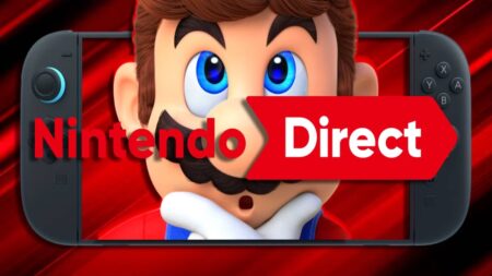 Super Mario con Nintendo Switch 2 ed il logo del Nintendo Direct