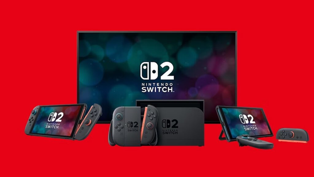 Un Nintendo Switch 2 con lo sfondo rosso
